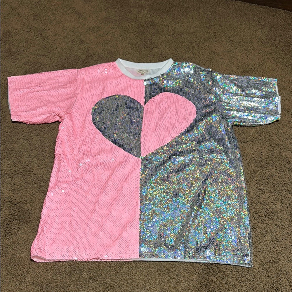Sequin Heart Shirt - Pink and Silver